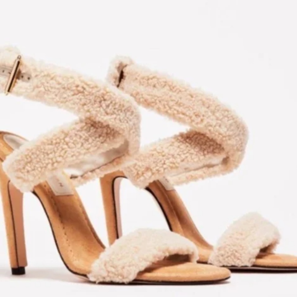Good American Cream Sherpa Strappy High Heel Sandals
